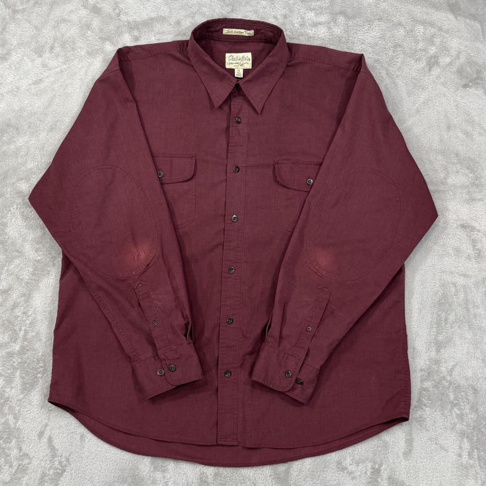 Cabelas Shirt Mens XL Soft Canvas Trail Red Maroon Casual Outdoor Elbow‎ Patches
